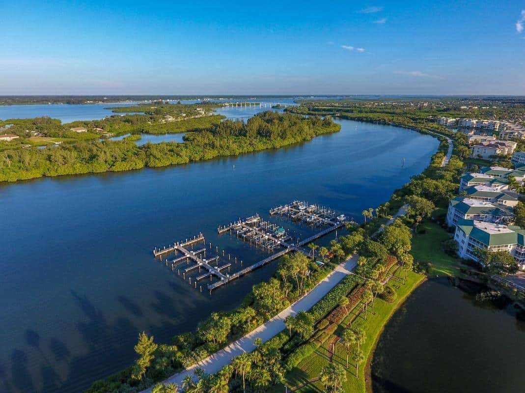 Aerial drone view of Vero Beach Indian River waterfront luxury community — professional real estate photography and drone footage