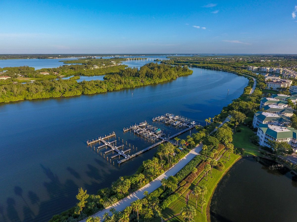 Sea Oaks Vero Beach deep-water marina Indian River Lagoon aerial view — waterfront community barrier island year-round water access Vero Beach Florida luxury real estate